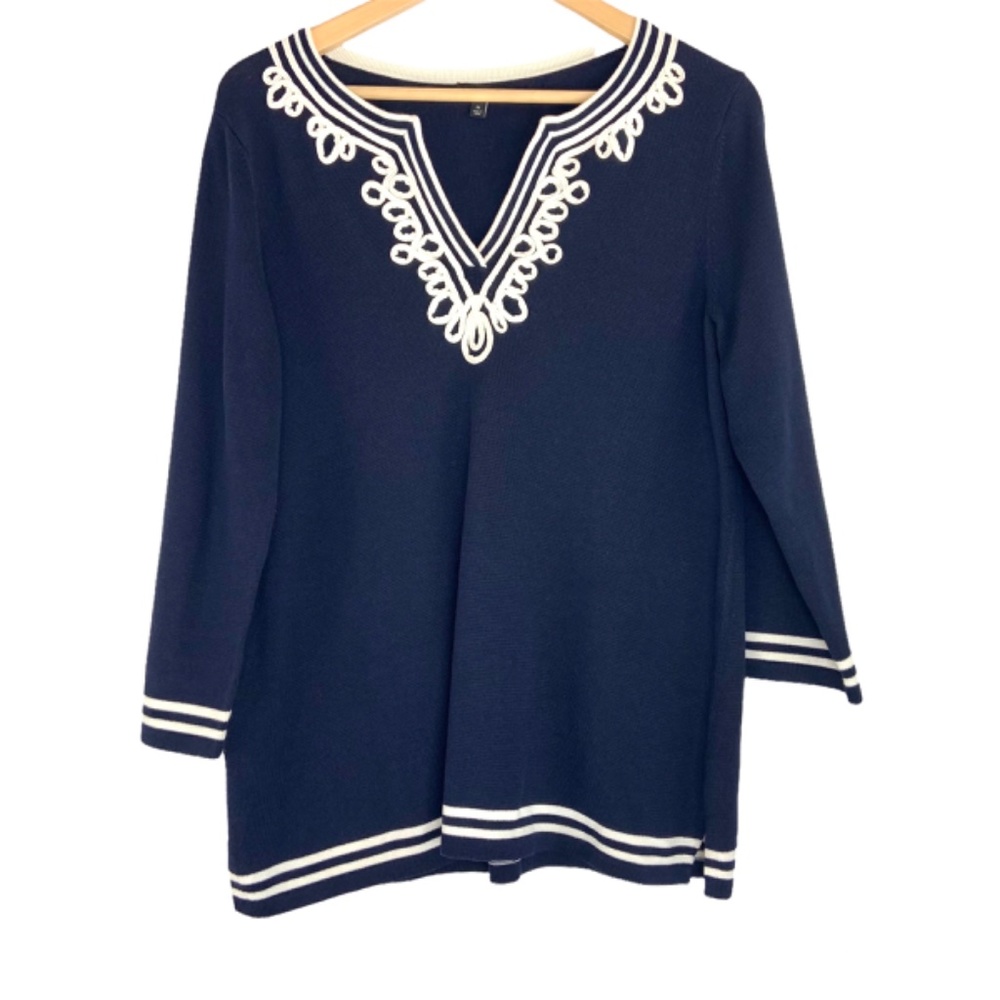 Talbots Pullover Sweater Embroidery Trim Navy Blue
